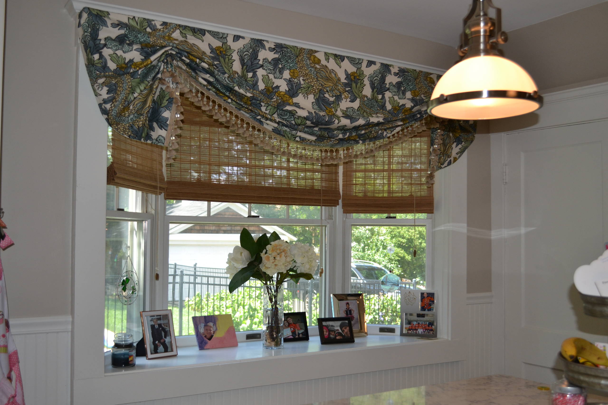 Stationary London Shade Valance on a Bay Window in a Connecticut Kitchen