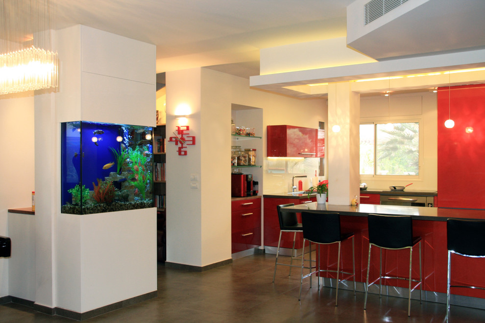 Contemporary kitchen in Tel Aviv with flat-panel cabinets and red cabinets.