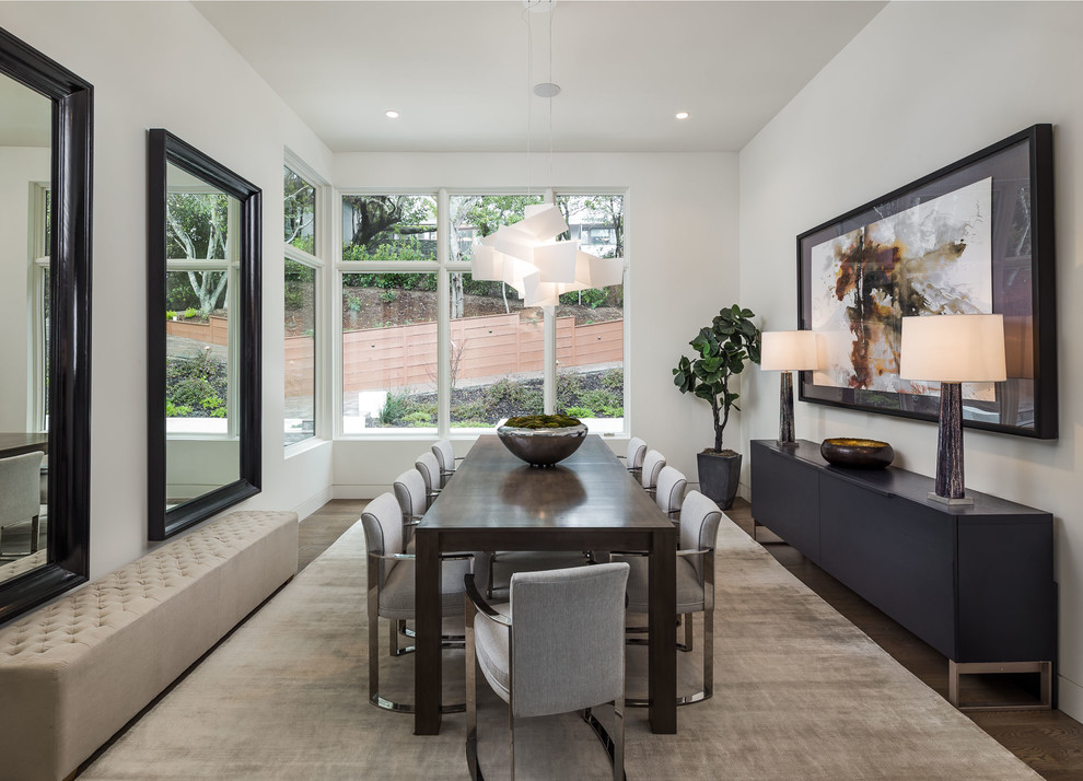 Contemporary dining room in San Francisco with white walls, dark hardwood floors and brown floor.