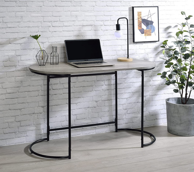 Contemporary Desk, Black Metal Frame With Oval Shaped MDF Top, Light ...