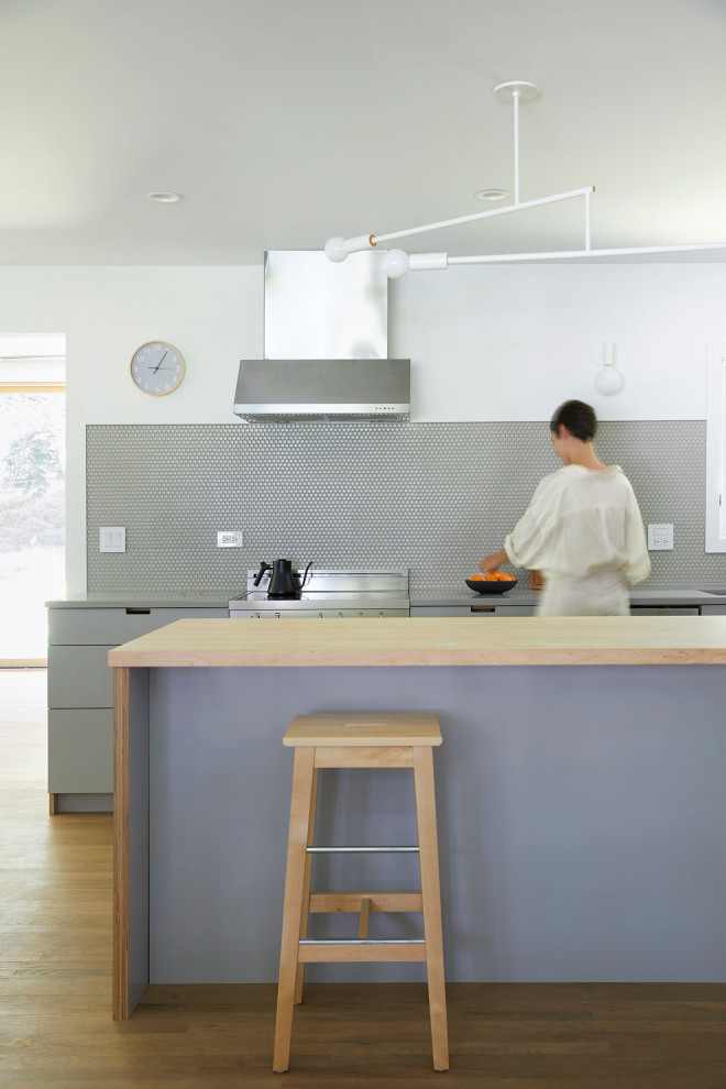 Exempel på ett modernt kök, med släta luckor, grå skåp, träbänkskiva och en köksö