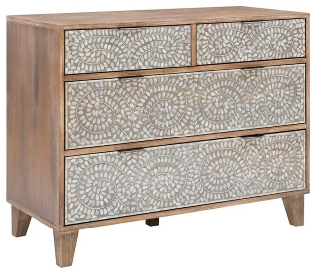 Linon Ryder Wood Four Drawer Console Mother of Pearl Front Detail in Gray Wash
