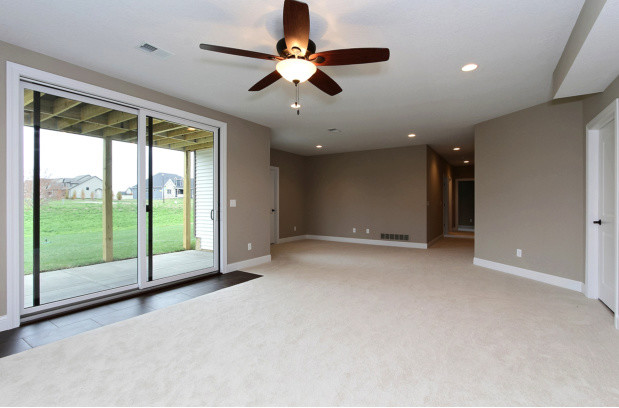 Mid-sized transitional carpeted and brown floor basement photo in Cedar Rapids with brown walls