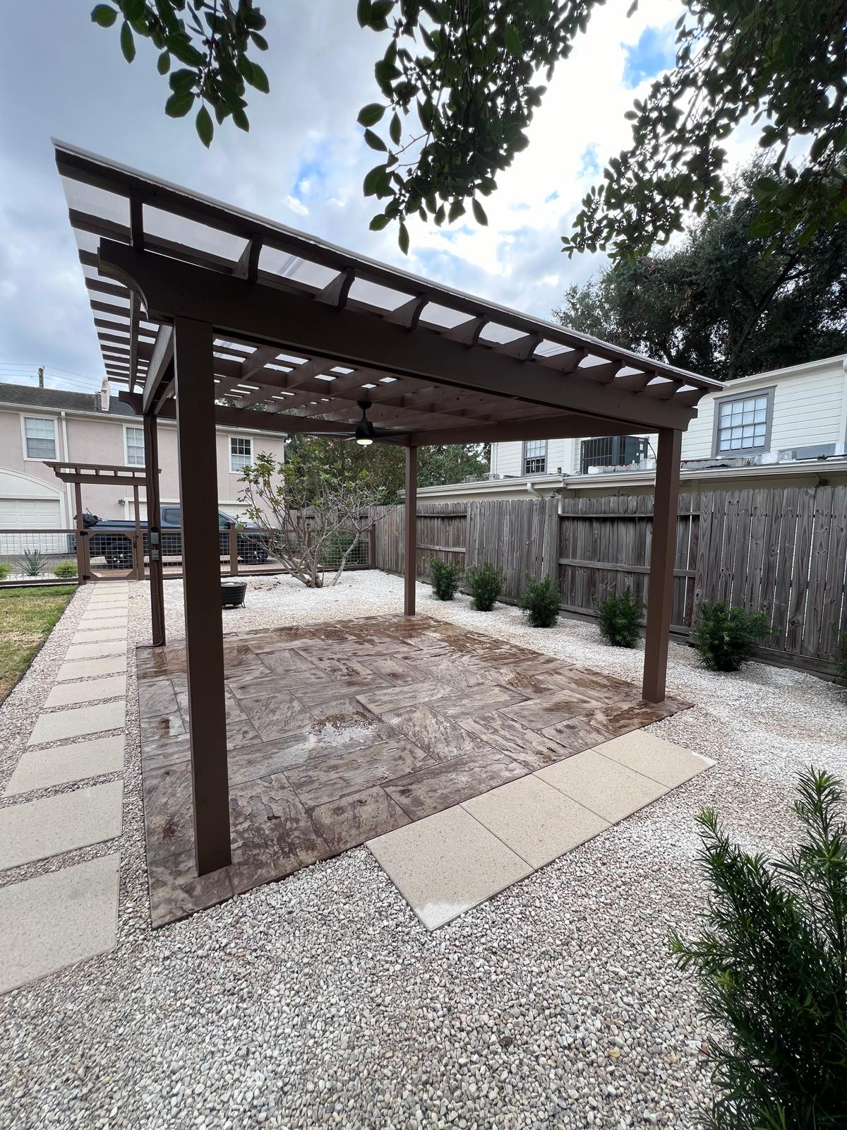 Beautiful stamped concrete patio with Pergola Cover on Haddon st!