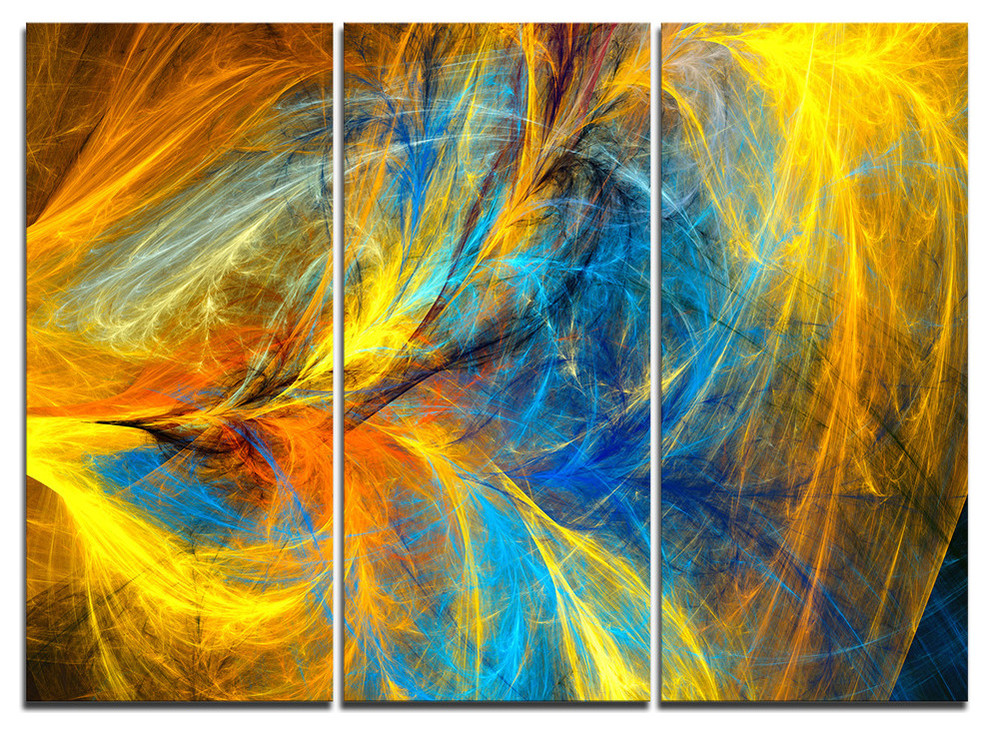 "Gold and Blue Psychedelic Pattern" Metal Wall Art, 3 Panels, 36"x28"
