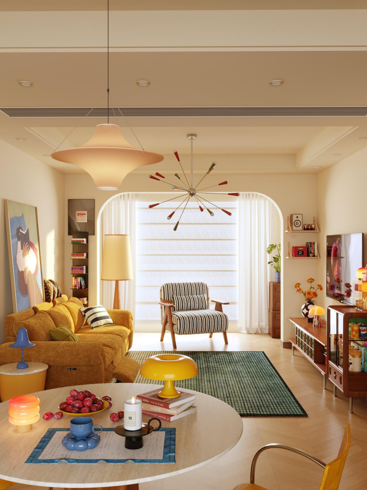 Mid-sized 1960s formal and loft-style light wood floor and orange floor living room photo in Los Angeles with white walls, no fireplace, a concrete fireplace and no tv