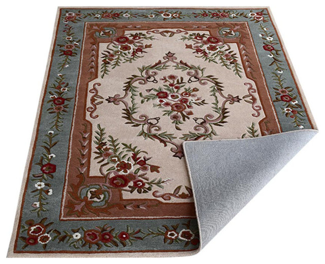 Hand Tufted Wool Area Rug Floral Beige Light Blue, [Rectangle] 5'x8 ...