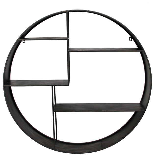 Benzara Industrial Round Metal Wall Shelf with 4 Display Space, Gray