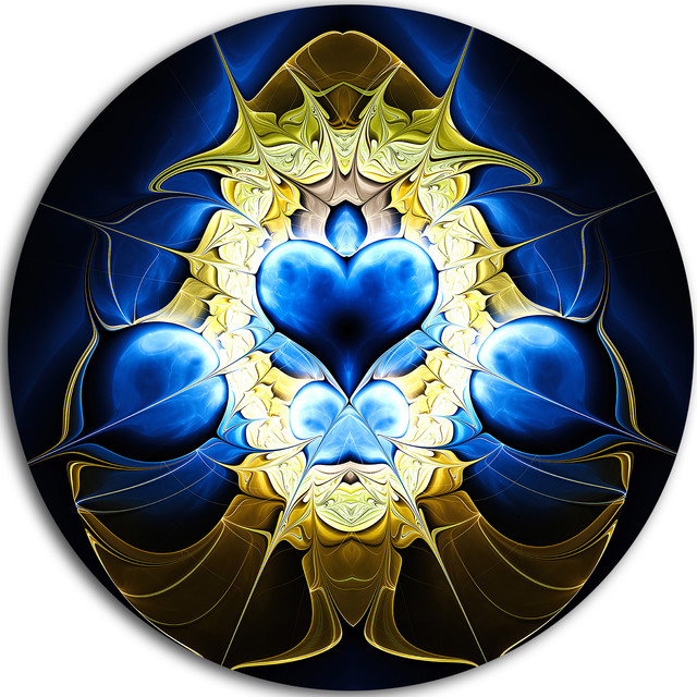 Blue Gold Symmetrical Fractal Heart Abstract Round Metal Wall Art Contemporary Metal Wall Art By Designart