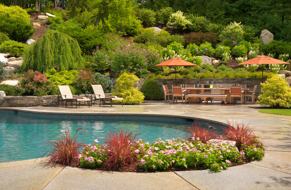 Inspiration for a large traditional backyard custom-shaped pool in Boston with a water feature and concrete pavers.