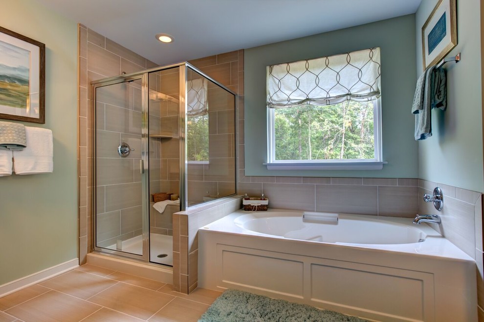 Large contemporary master bathroom in Richmond with an alcove tub, beige tile, green walls, ceramic floors, ceramic tile, a corner shower, flat-panel cabinets, white cabinets, a two-piece toilet, an undermount sink and granite benchtops.