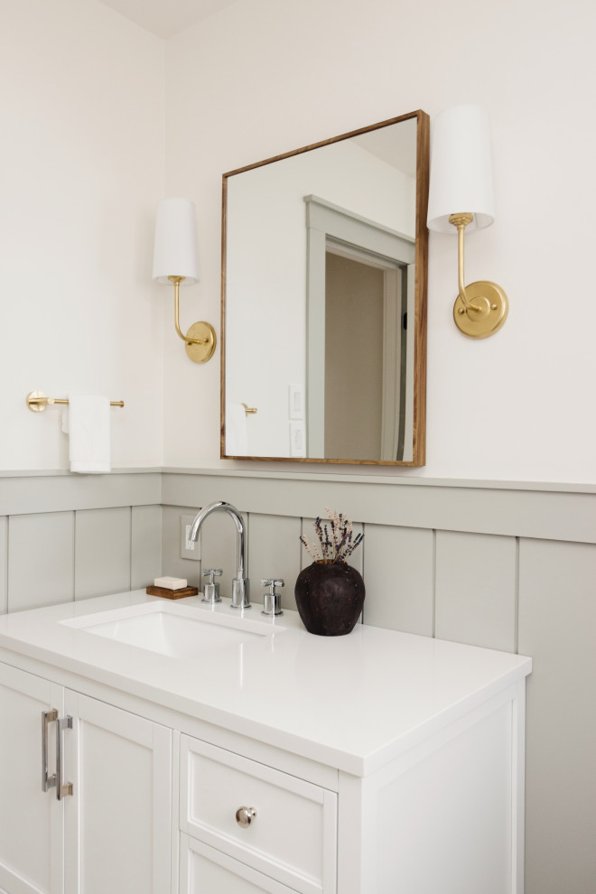 Mid-sized transitional single-sink and shiplap wall bathroom photo in Other with shaker cabinets, white cabinets, green walls, an undermount sink, granite countertops, white countertops and a freestanding vanity