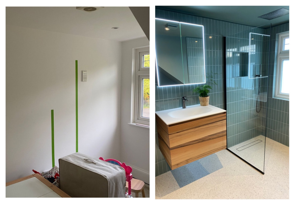 Inspiration for a small contemporary bathroom in London with flat-panel cabinets, an open shower, a one-piece toilet, green tile, ceramic tile, green walls, porcelain floors, a drop-in sink, grey floor, an open shower, white benchtops, a niche, a single vanity and a floating vanity.