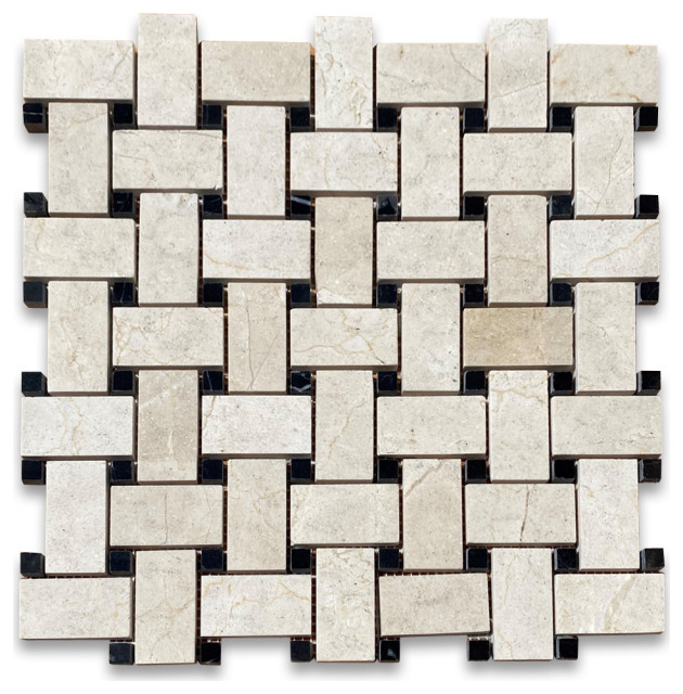 Crema Marfil Marble 1x2 Basketweave Mosaic Tile Black Dots Polished, 1 sheet
