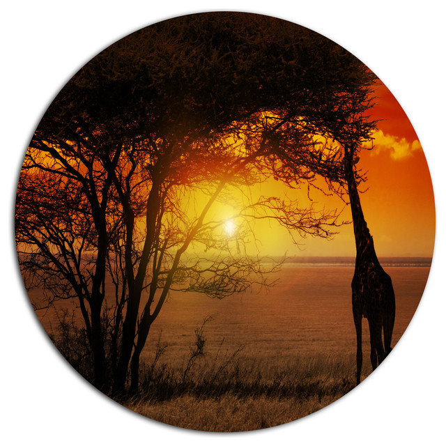 Typical African Sunset with Giraffe, African Round Metal Wall Art