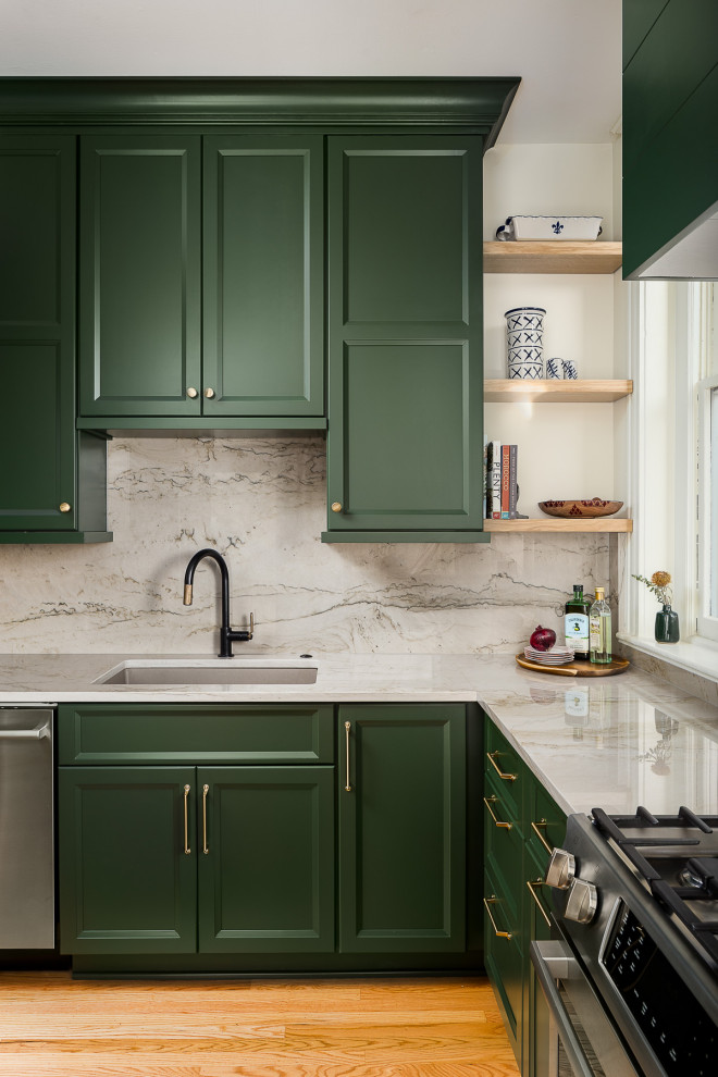 Inspiration for a small transitional l-shaped eat-in kitchen in Louisville with a single-bowl sink, recessed-panel cabinets, green cabinets, quartzite benchtops, grey splashback, stone slab splashback, stainless steel appliances, medium hardwood floors, a peninsula and grey benchtop.