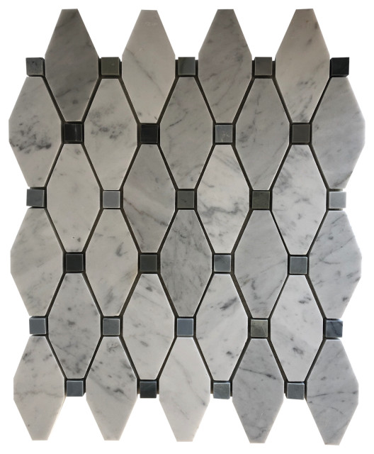 Bianco Carrara Elongated Octagon Blue Stone Dot 12"x12" Traditional