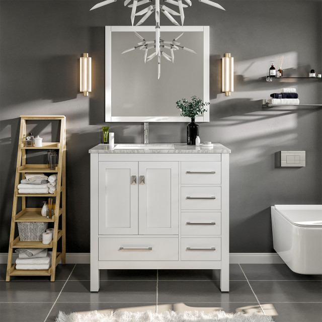 Eviva London Transitional Bathroom Vanity With White Carrara Top, White, 38"