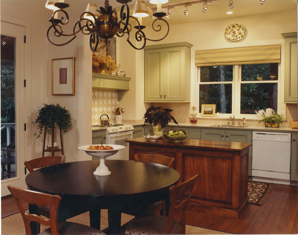 Mountain style u-shaped dark wood floor eat-in kitchen photo in Charlotte with a single-bowl sink, recessed-panel cabinets, green cabinets, beige backsplash, mosaic tile backsplash, white appliances and an island