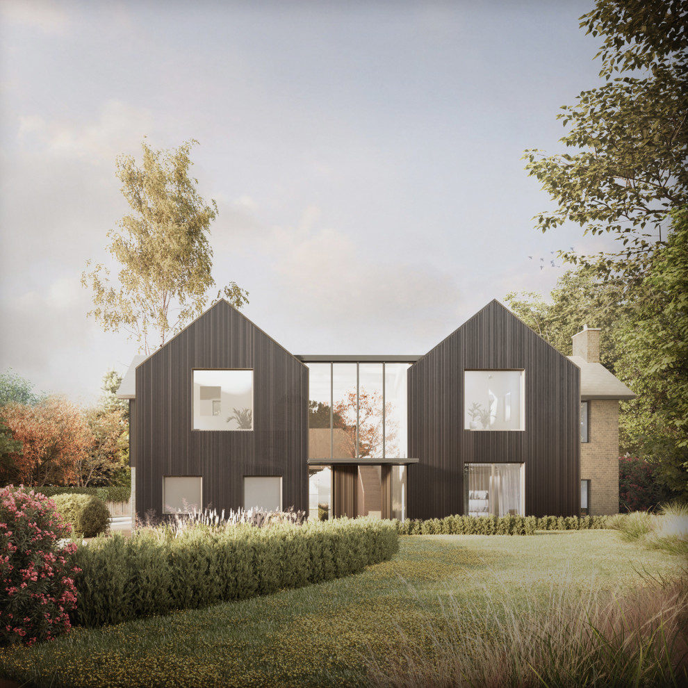 Modelo de fachada de casa negra y negra actual grande de dos plantas con revestimiento de madera, tejado a dos aguas, tejado de varios materiales y panel y listón