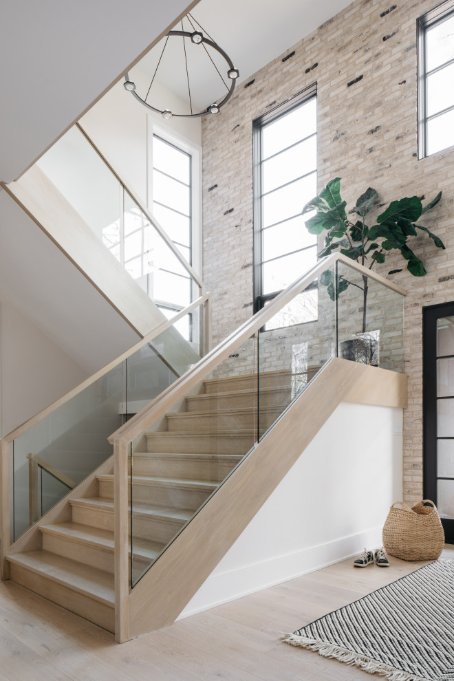 Traditional staircase in Chicago with a feature wall.