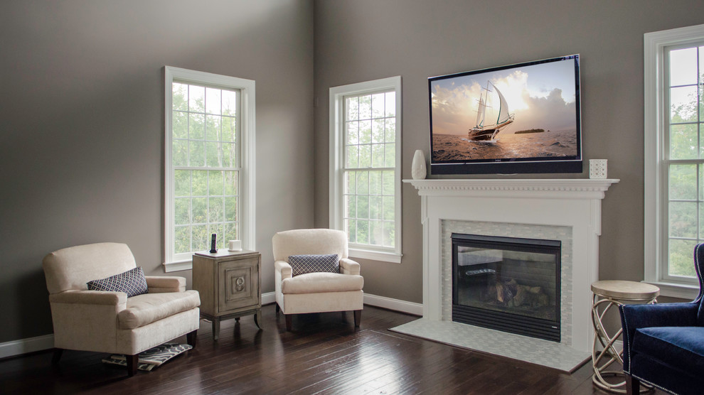 Design ideas for a mid-sized transitional open concept family room in Detroit with a wall-mounted tv.