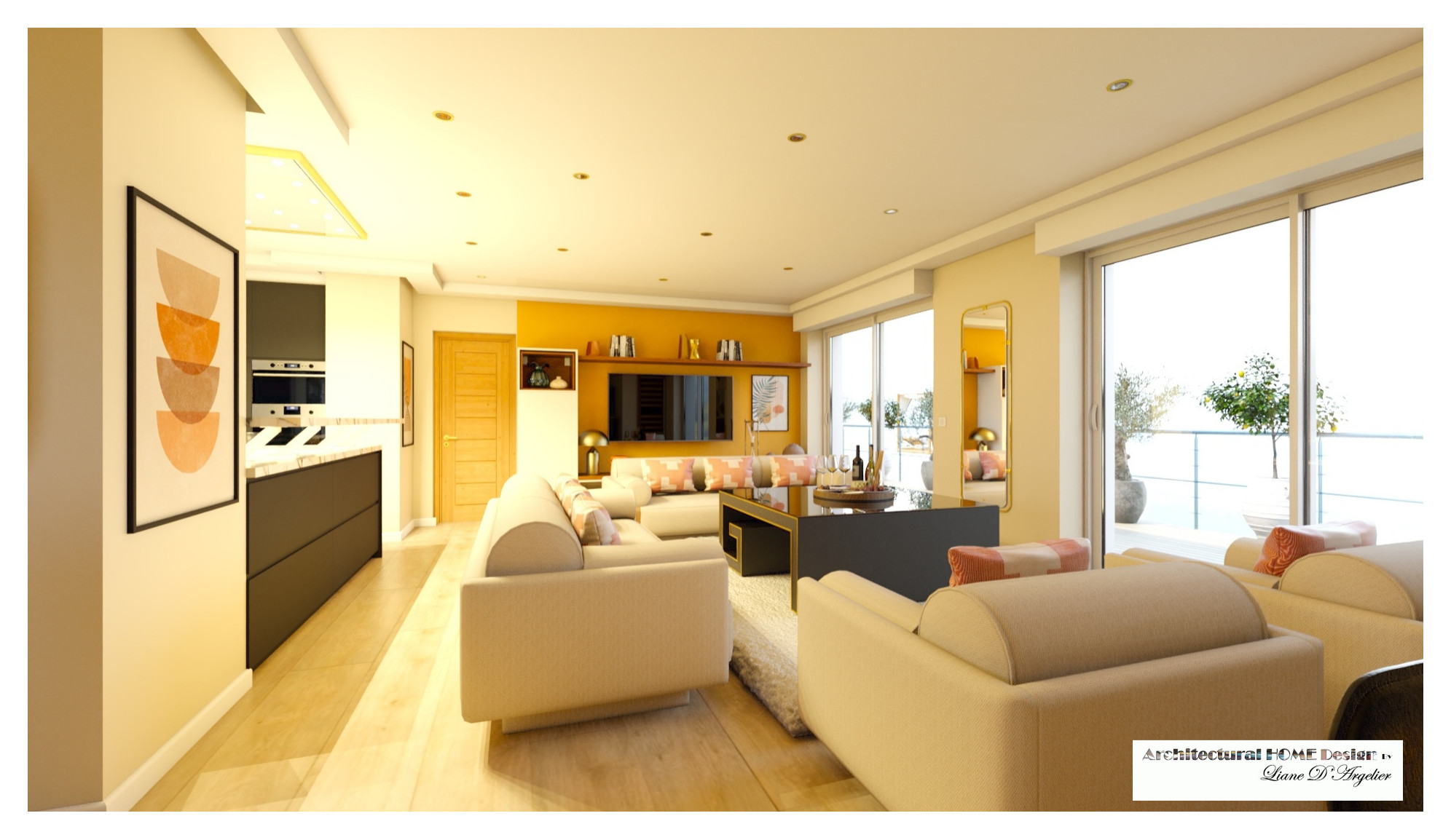Living 60 m² chic avec cuisine ouverte.