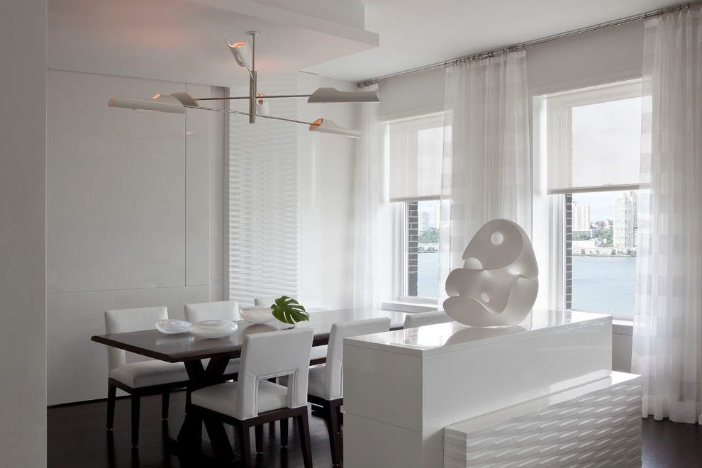 Photo of a contemporary dining room in New York with white walls, dark hardwood floors and no fireplace.