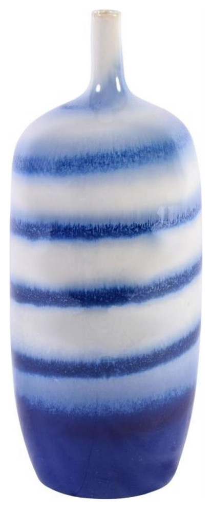 Vase White Horizontal Striped Blue Varying Black Handmade Ha