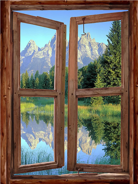 36 Window Scape Instant View Mountain Lake #7 Wall Graphic Sticker Decal Mural Home Kids Game Room Office Art Decor