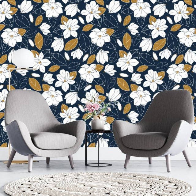 Navy Blue and White Floral Wallpaper, - Toronto - by PrintMySpace