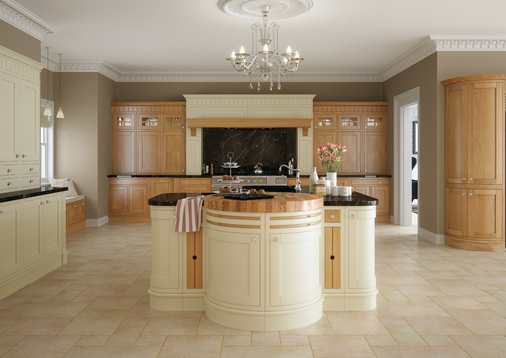 Inspiration for an expansive transitional kitchen in Other with shaker cabinets, medium wood cabinets and with island.