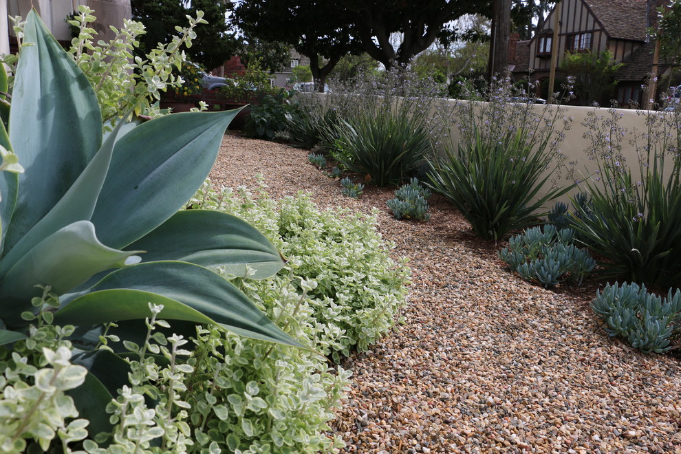 Mid-sized mediterranean front yard full sun xeriscape in San Francisco with gravel.