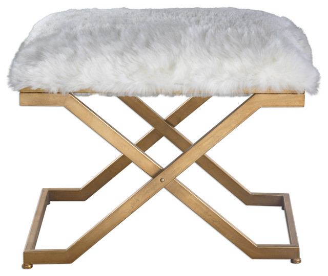 Glam Plush Faux Fur Gy White Bench, Furry Bench For Vanity
