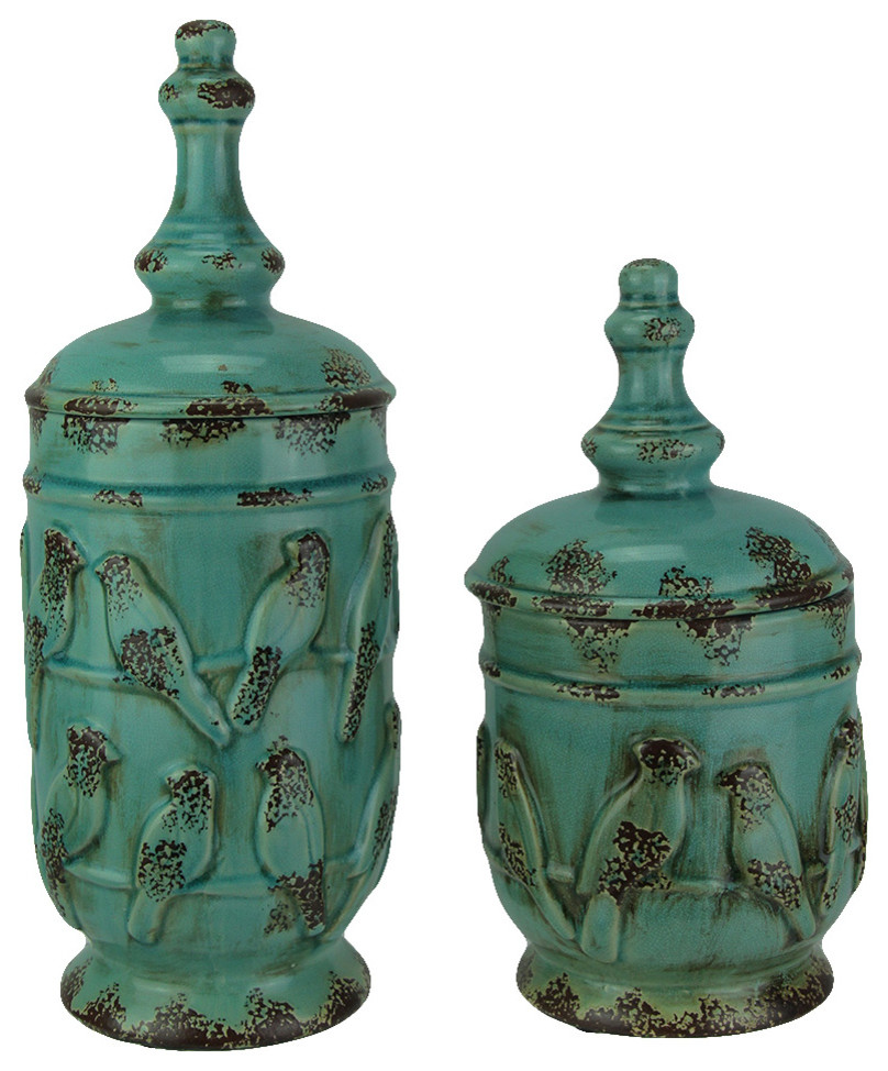 Turquoise Vintage Finish 2 Piece Set of Birds On a Wire Ceramic Jars with Lid