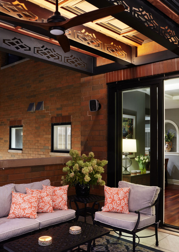 Inspiration for a contemporary rooftop and rooftop deck in Chicago with with privacy feature and a pergola.