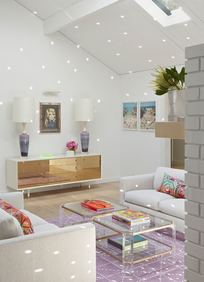 Living room - mid-century modern formal medium tone wood floor living room idea in San Francisco with white walls