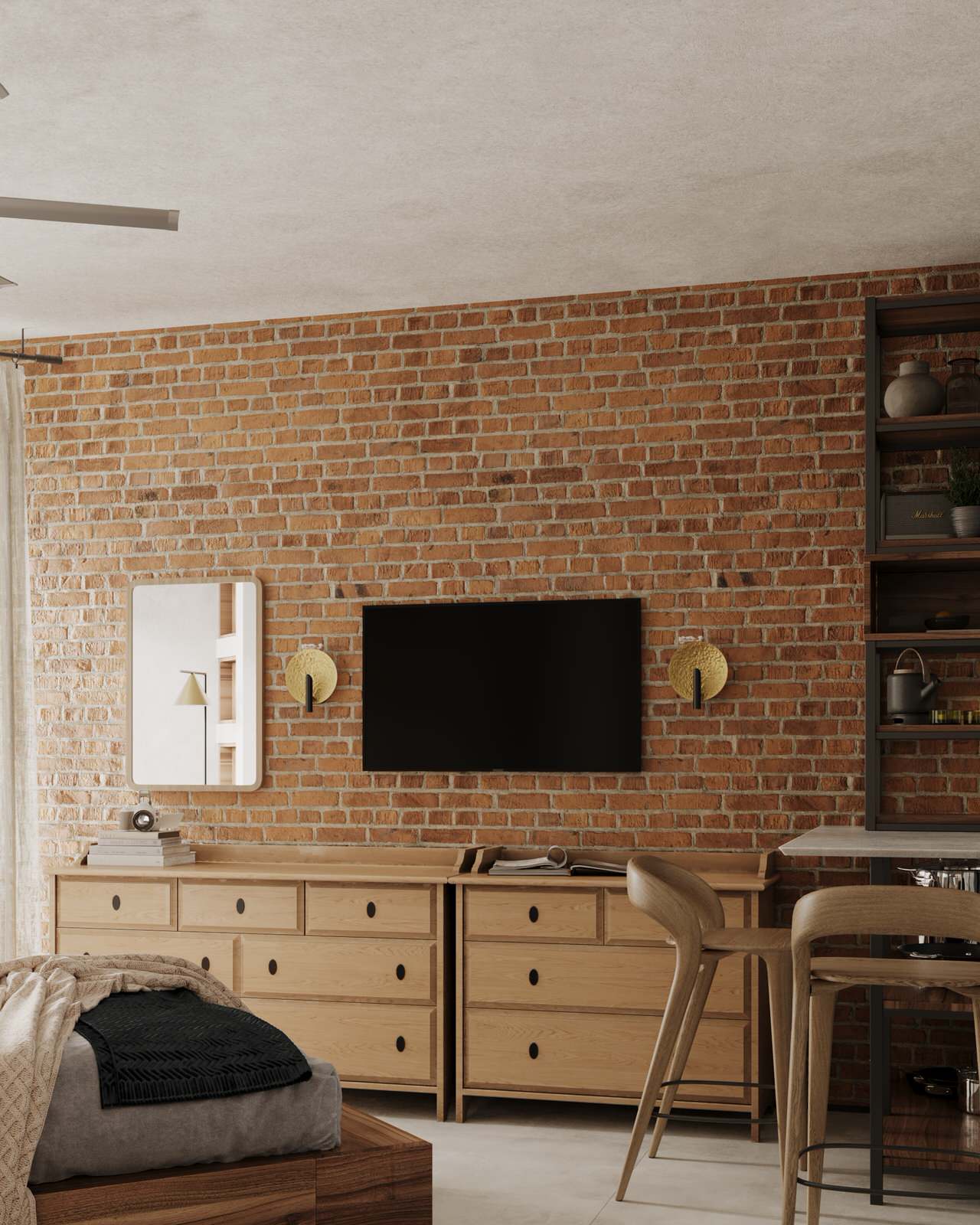 Основная стена в кирпиче с комодами и кухней