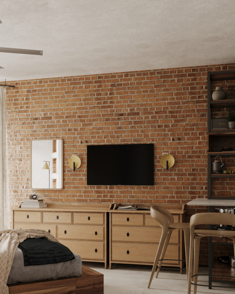 Основная стена в кирпиче с комодами и кухней