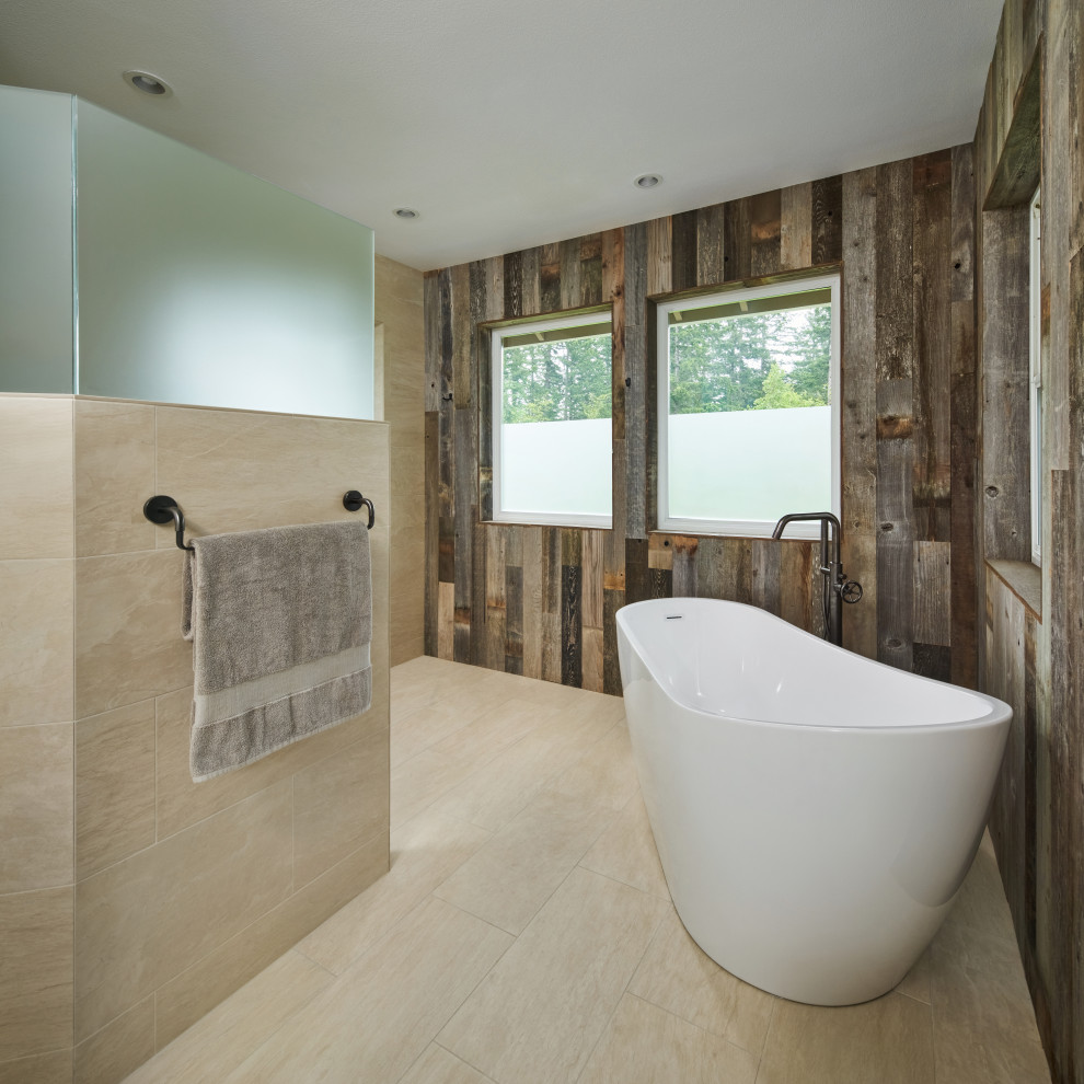 Mid-sized country master bathroom in Portland with flat-panel cabinets, light wood cabinets, a freestanding tub, a curbless shower, multi-coloured walls, porcelain floors, an undermount sink, engineered quartz benchtops, beige floor, an open shower, white benchtops, an enclosed toilet, a single vanity, a floating vanity and wood walls.