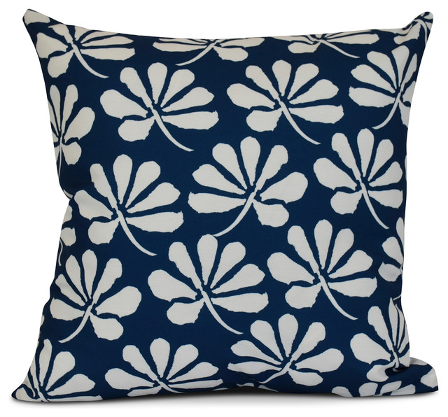 16x16", Floral Outdoor Pillow, Blue, 16"x16" Contemporary Outdoor