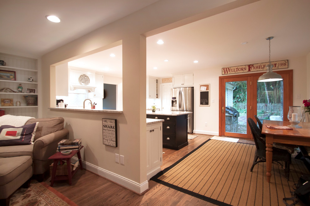 Enclosed kitchen - transitional u-shaped enclosed kitchen idea in DC Metro with beaded inset cabinets, white cabinets, granite countertops, white backsplash, subway tile backsplash and stainless steel appliances