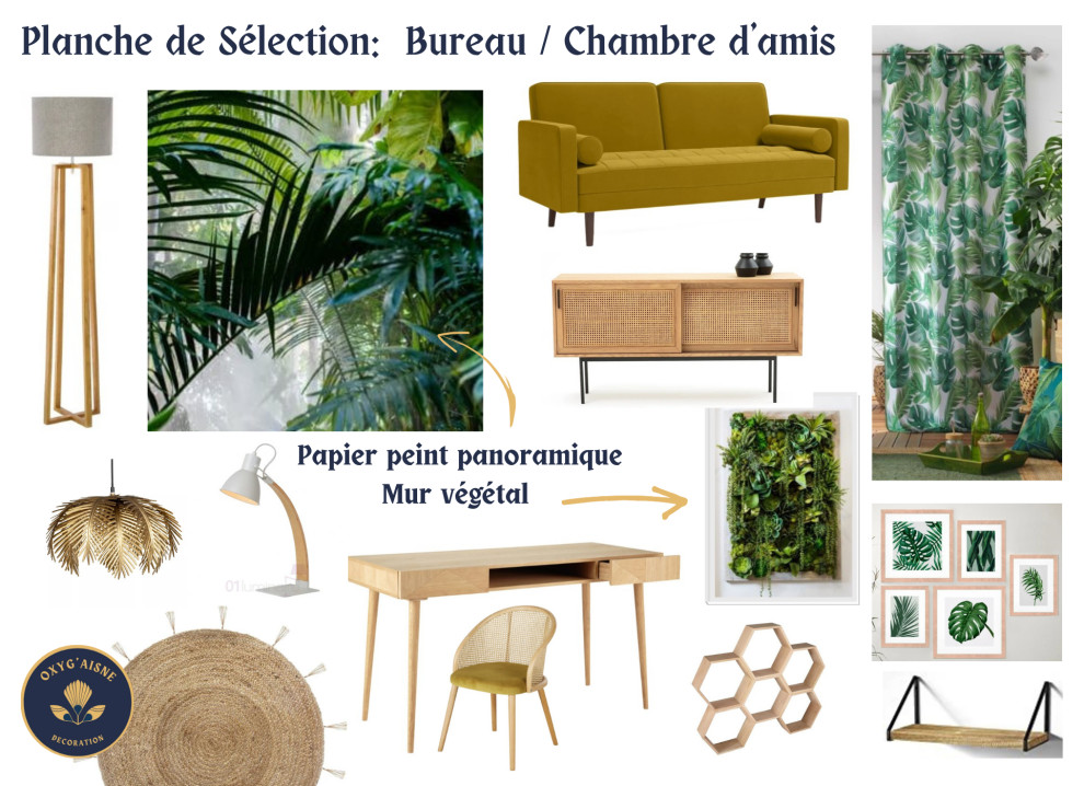 Inspiration for a mid-sized tropical guest bedroom in Other with beige walls, laminate floors, brown floor and wallpaper.