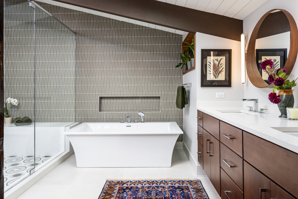 Inspiration for a mid-sized 1960s master gray tile and glass tile porcelain tile, white floor, double-sink and exposed beam bathroom remodel in Other with flat-panel cabinets, dark wood cabinets, a one-piece toilet, gray walls, an undermount sink, quartz countertops, a hinged shower door, white countertops and a floating vanity