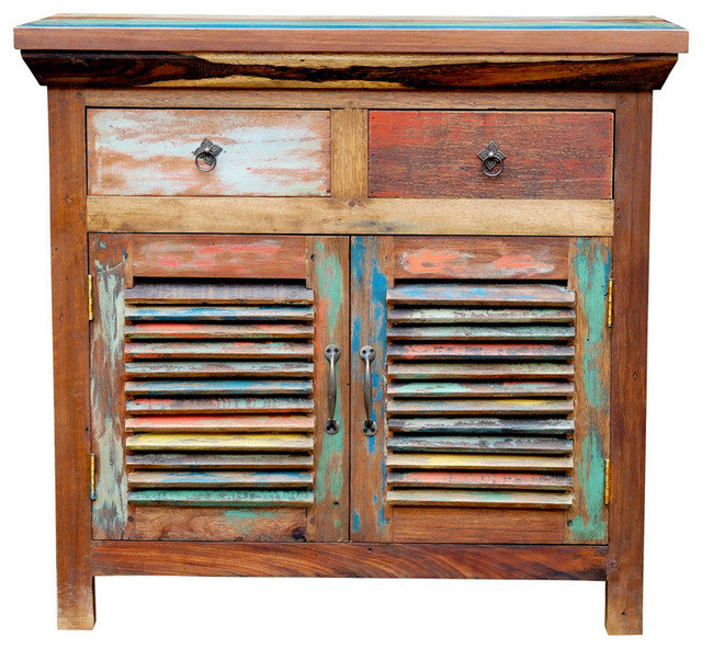 Chest With 2 Slatted Doors 2 Drawers Made From Recycled Teak Wood