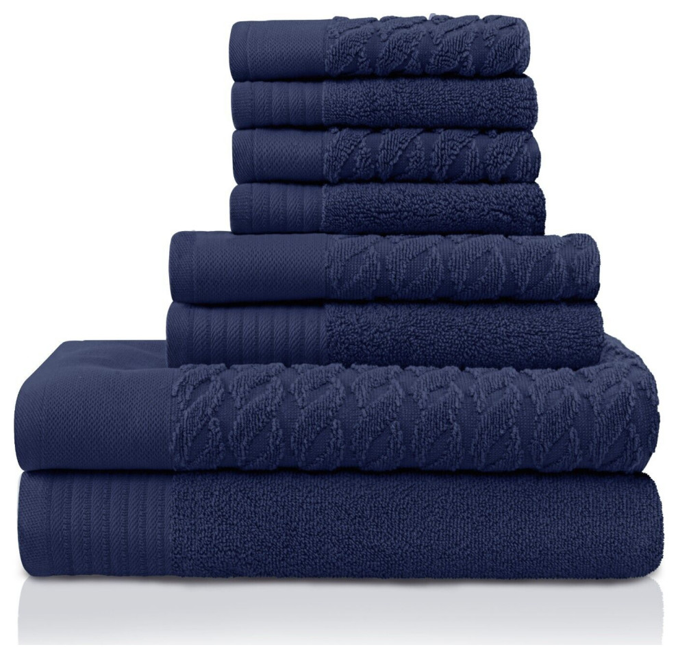 8 Piece Turkish Cotton Quick Drying Towel Set, Navy Blue