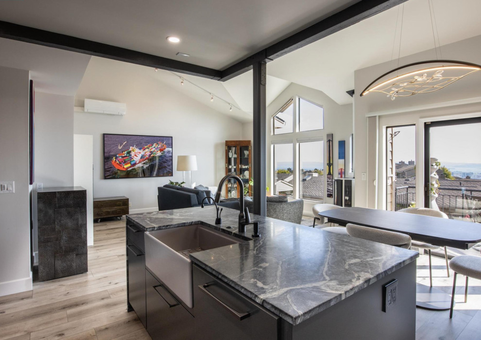 Eat-in kitchen - small contemporary l-shaped vinyl floor, brown floor and vaulted ceiling eat-in kitchen idea in San Francisco with a farmhouse sink, flat-panel cabinets, black cabinets, soapstone countertops, multicolored backsplash, black appliances, an island and multicolored countertops