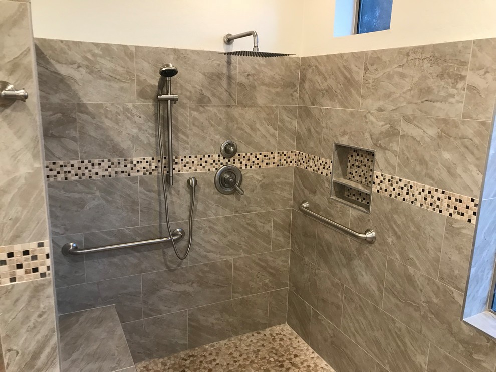 Mid-sized transitional 3/4 cement tile floor and gray floor bathroom photo in Phoenix with shaker cabinets, black cabinets, gray walls, an undermount sink, marble countertops and white countertops