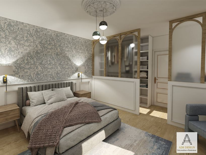 Großes Landhausstil Hauptschlafzimmer mit weißer Wandfarbe, hellem Holzboden, Eckkamin und Tapetenwänden in Le Havre