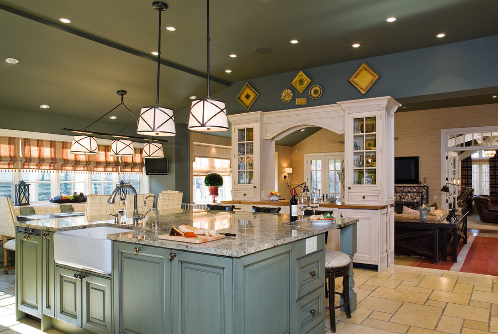 Inspiration for a large transitional eat-in kitchen in Philadelphia with a farmhouse sink, raised-panel cabinets, blue cabinets, granite benchtops, multi-coloured splashback, ceramic splashback, white appliances, ceramic floors and multiple islands.